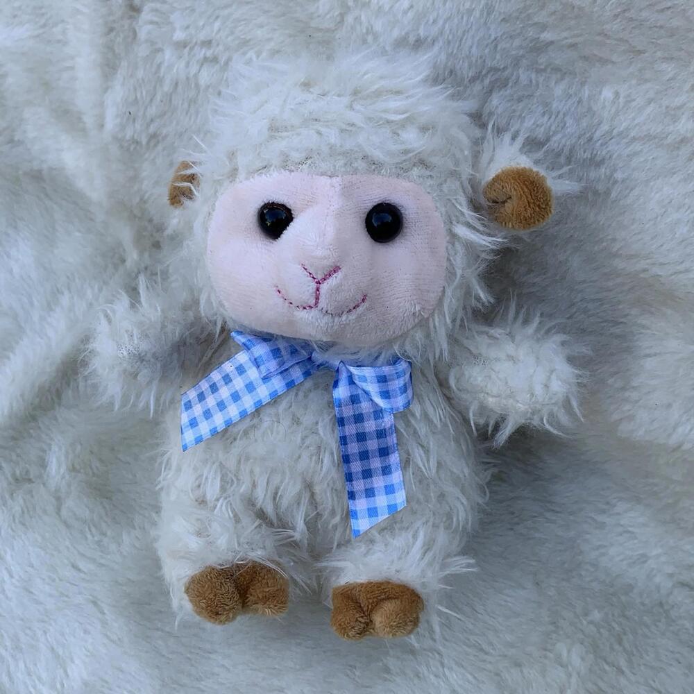 Walmart Shaggy Lamb Plush White Blue Bow Stuffed Animal 8” Toy Sheep Preowned